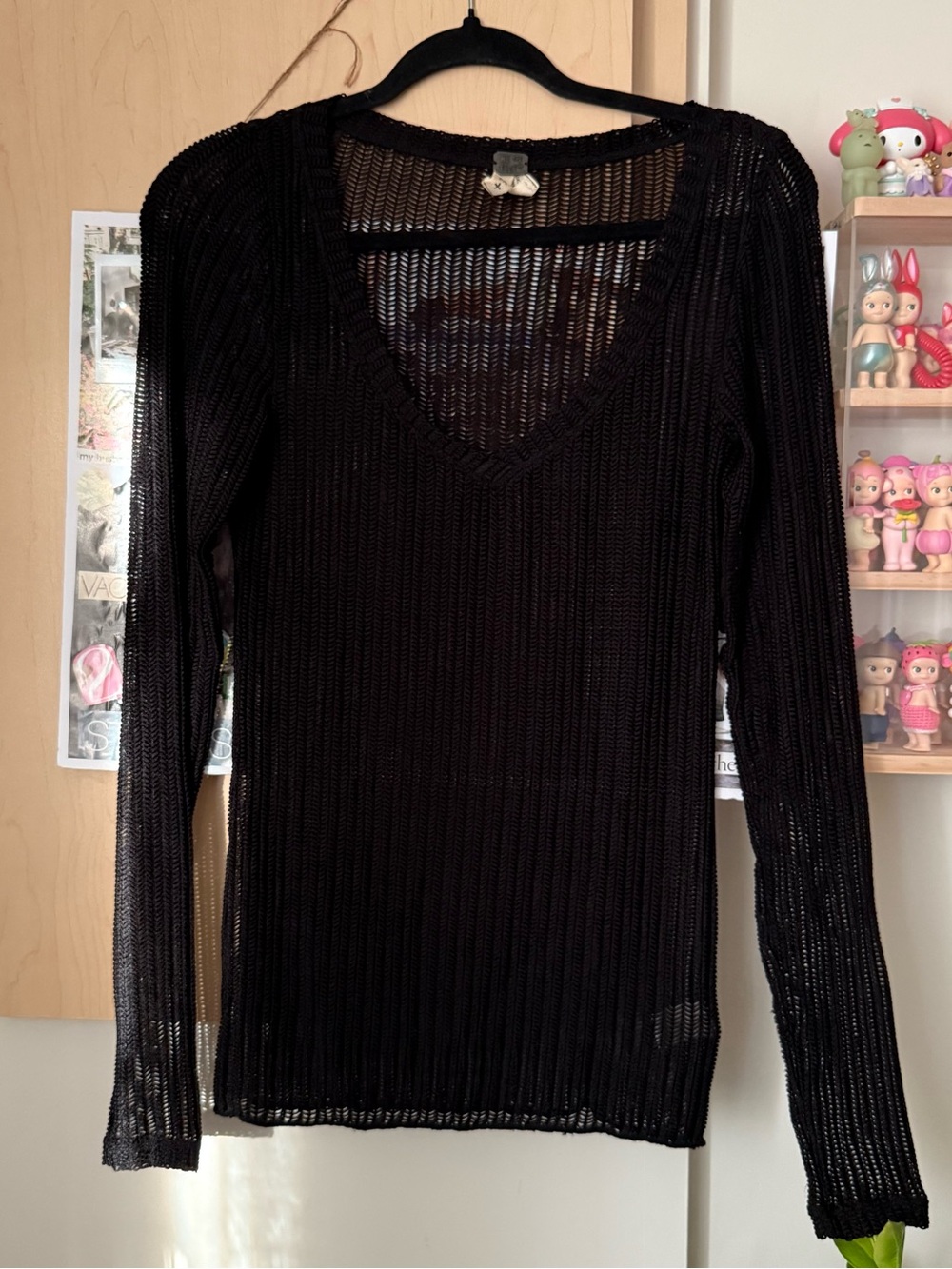 We The Free Black Open-Knit Long Sleeve V-Neck Top
